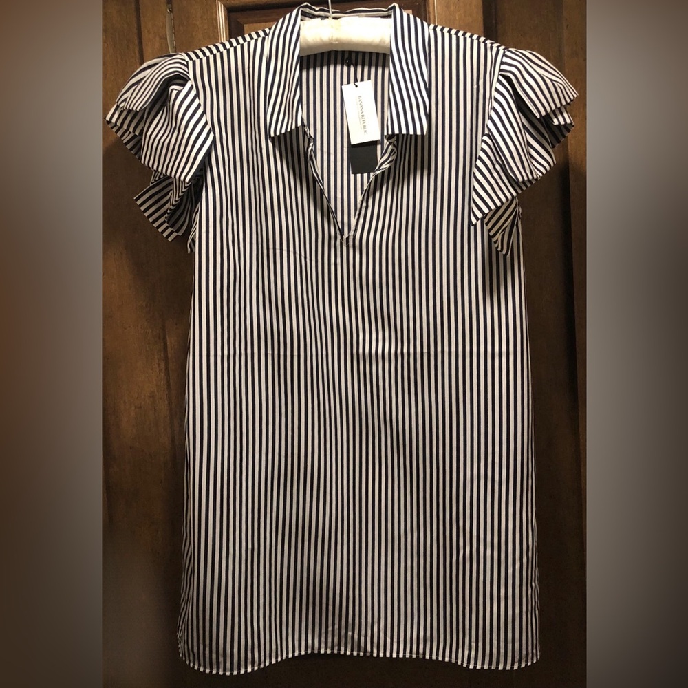 NWT Banana Republic Navy & White Striped Top Layered Ruffle Sleeves L